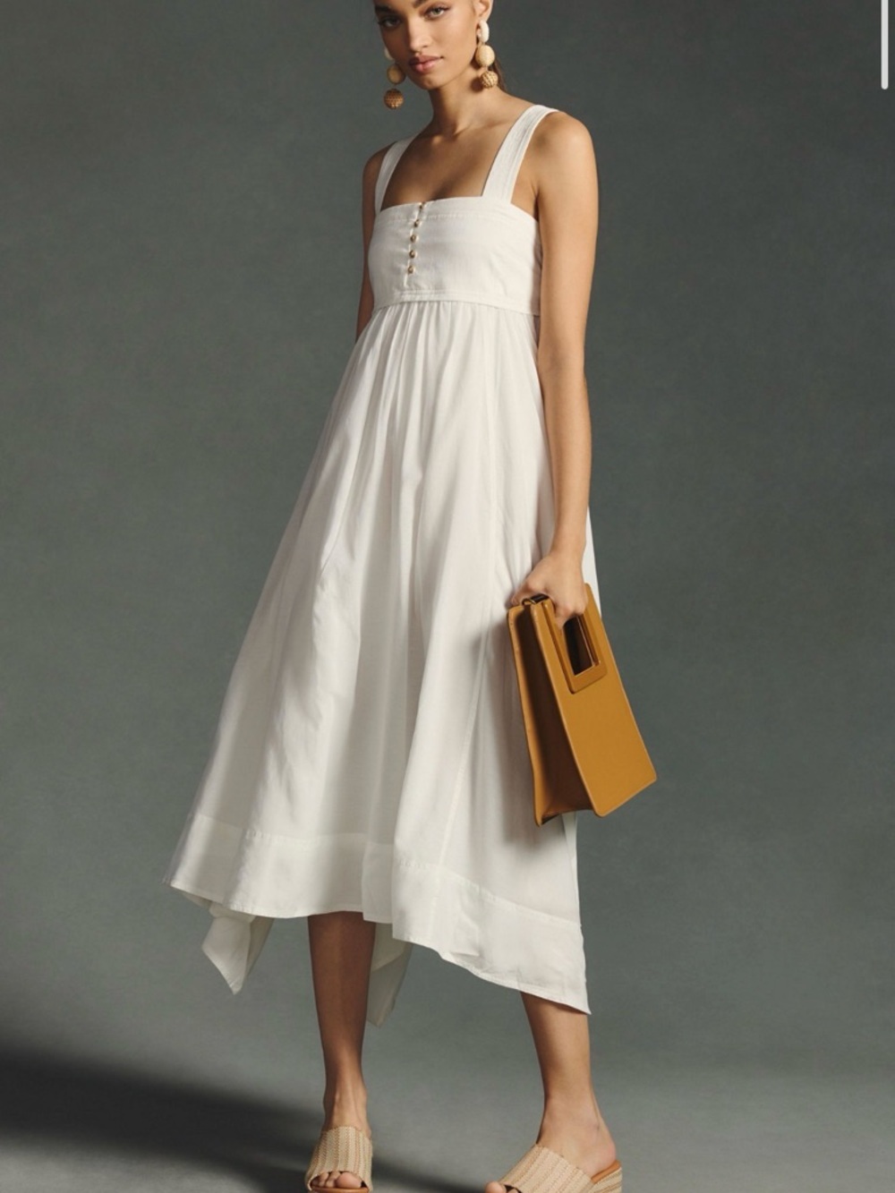 Anthropologie White Square-Neck Midi Dress with Button Detail